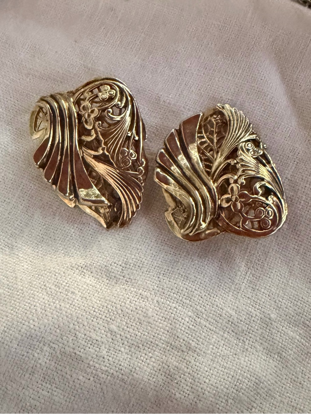 Vintage Silver Tone Art Nouveau Revival Floral Scroll Statement Earrings